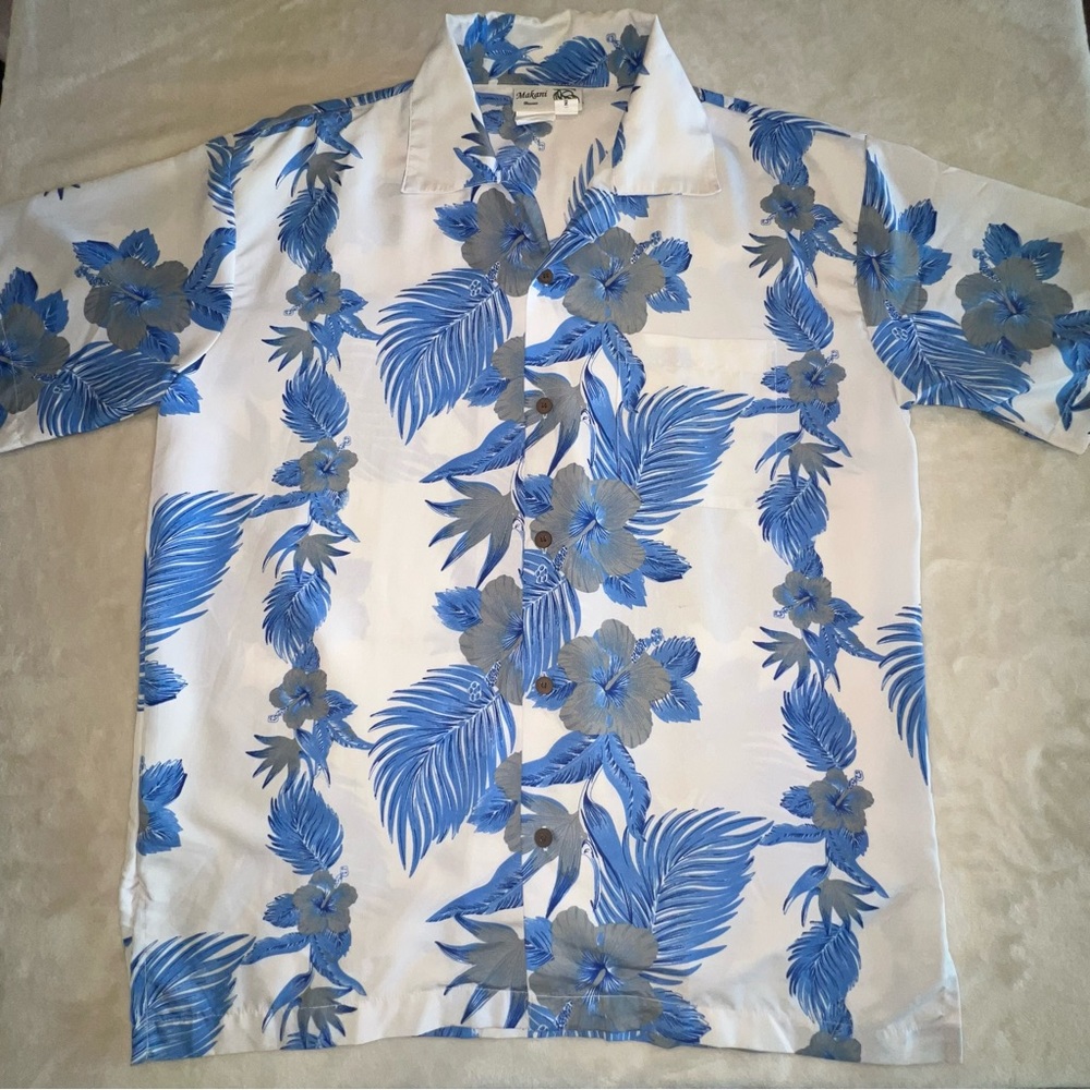 Makani hawaiian shirt Mens Aloha Blue White floral luau beach cruise tropical
